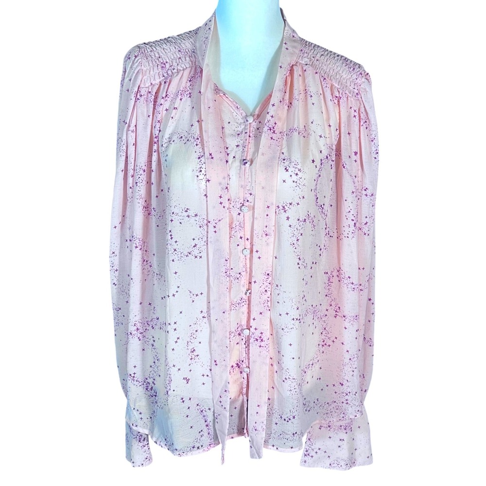 Free‎ People Stars Align Blouse NWT Women Large Pink Celestial Smocked Star Top